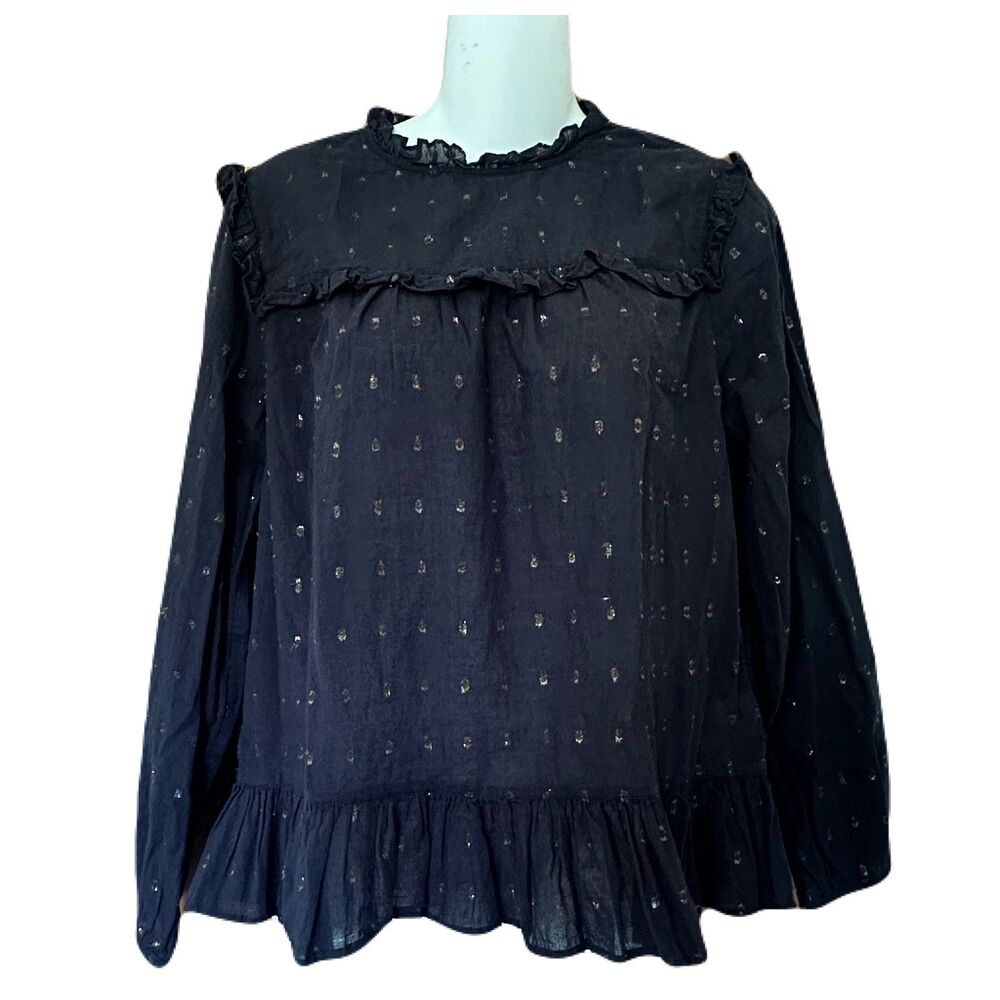 Joie Black Gold Metallic Sheer Ruffle Peplum Blouse Long Sleeve Top Fits Small